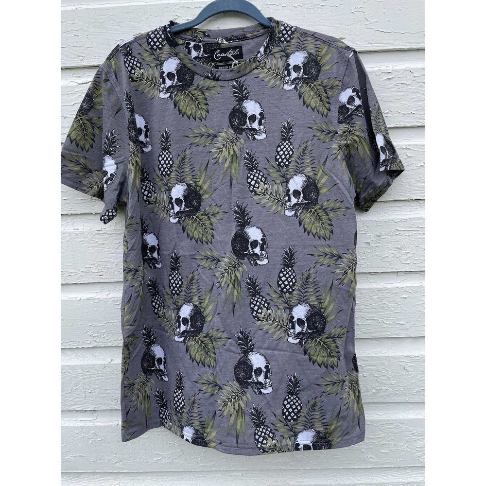 NEW Coastal T-shirt Skull Pineapple Crew Neck Shirt Medium Gray Skeleton Spooky - Picture 1 of 3